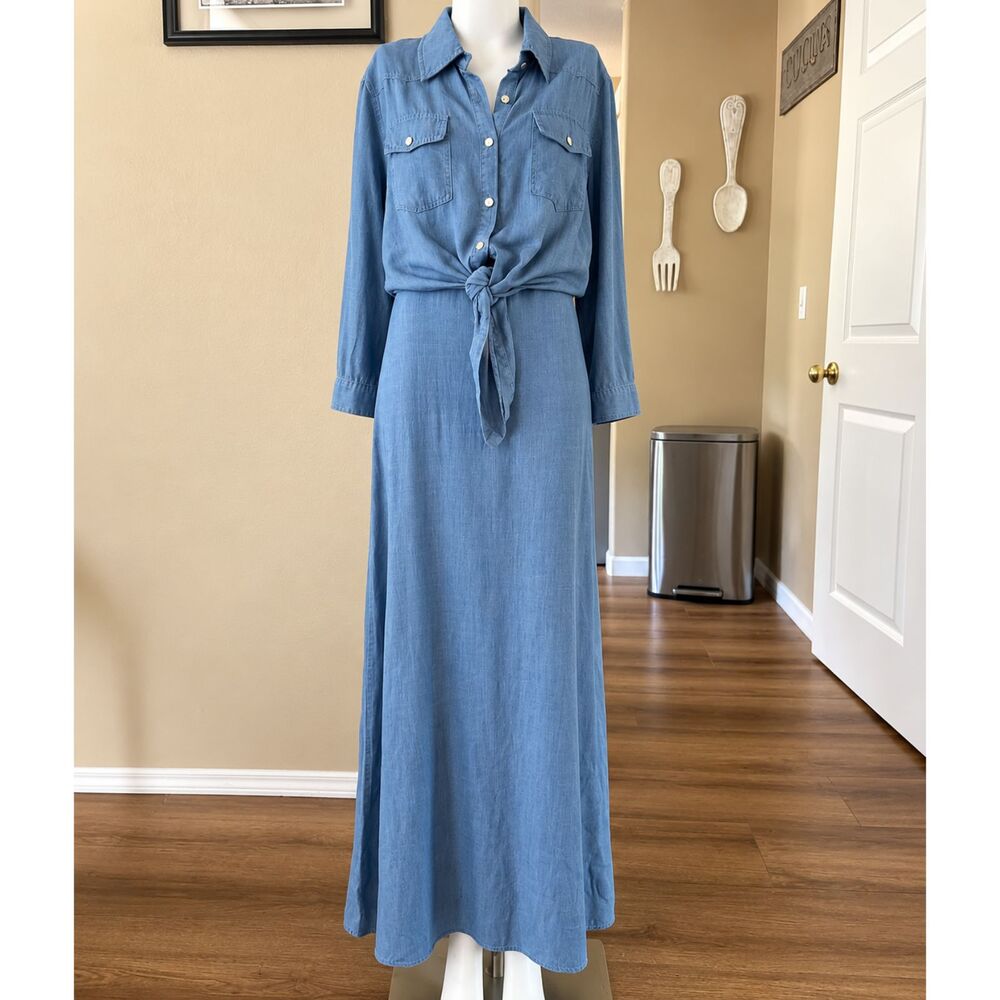 Aleeza Paris Joliet Set Denim Tie Shirt Strap Slip Maxi Dress Blue Size M